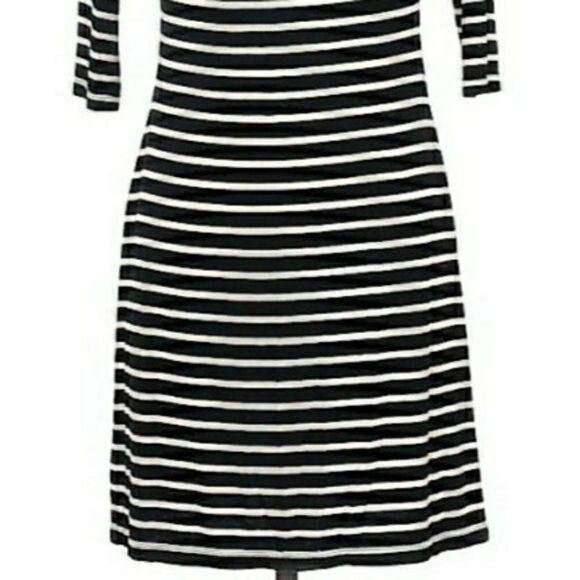 WHBM Dress Bodycon Off Shoulder Stretch 1/2 Sleeve Mini Knit Black Striped S - Picture 6 of 10